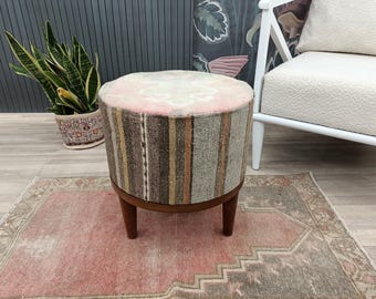 Pastel Pink Top Kilim Stool | Earthy Striped Base | Rustic Round Floor Ottoman
