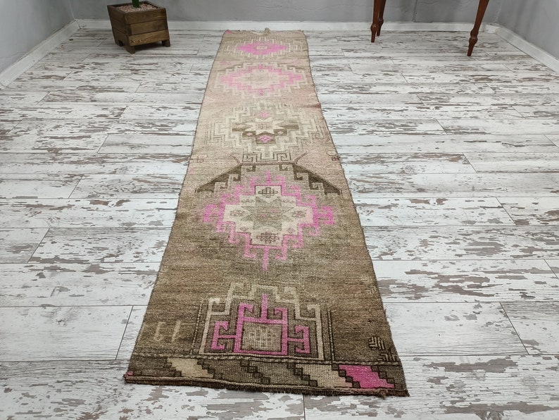 turkish oushak rug, eco friendly rug, rugs for stair, handmade wool rug, soft pile rug, vintage rug, ikat rug, long rug, 2.5x11.5 ft VT 4789 image 2