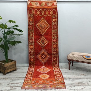 red herki rug, runner rug, oushak rug, contemporary rug, floor rug, kitchen rug, vintage rug, 2.9x9.9 feet, turkish rug, boho rug, VT-1243
