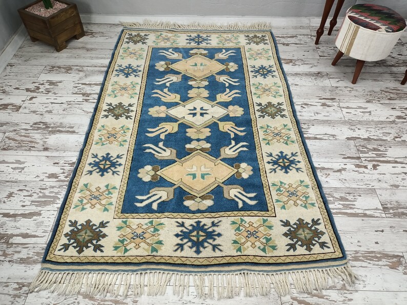 navy blue rug, oriental rug, vintage oushak rug, handknotted rug, turkish area rug, saloon rug, farmhouse rug, wool rug, 5.1x7.7 ft VT 4072 image 2