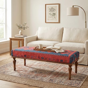 Banco com tapete Kilim, Banco otomano, Banco estofado, Móveis artesanais, Banco tipo banqueta, Banco asteca, Decoração estilo fazenda, BANCO 252
