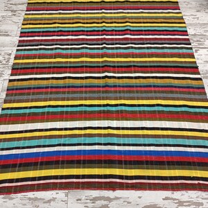 May include: Multicolored striped throw blanket with a variety of colors including red, yellow, blue, green, and brown.