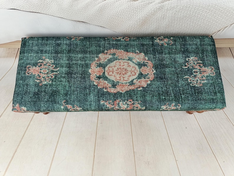 Floral Rug Bench, Upholstered Bench, Boho Piano Bench, Dressing Table Seat, Dining Chair, Kitchen Furniture, Wooden Shoe Bench, BENCH 885 image 8