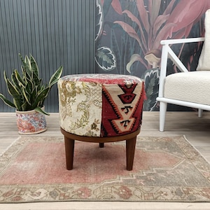 Vintage Patchwork Kilim Stool | Colorful Rug Top Seat | Tribal Round Floor Ottoman