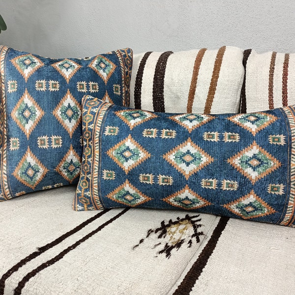 ikat pillow cover, bedding lumbar, navy blue pillow, throw pillow, rug pillow cover, floor pillow, tribal pillow case, sham pillow, PT 159