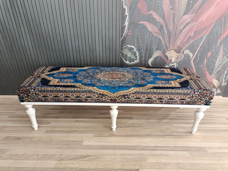 bedroom ottoman bench, wood bench, boho chair, dining table bench, footstool bench, turkish rug bench, upholstered bench, Bench 867