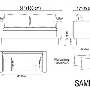 The image is a detailed technical drawing or diagram of a sofa, including measurements and dimensions for various parts of the furniture.