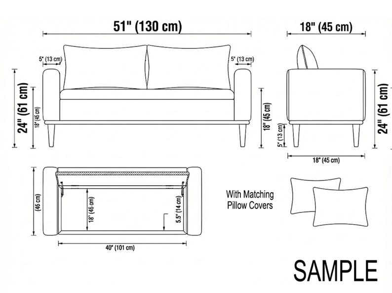 The image is a detailed technical drawing or diagram of a sofa, including measurements and dimensions for various parts of the furniture.