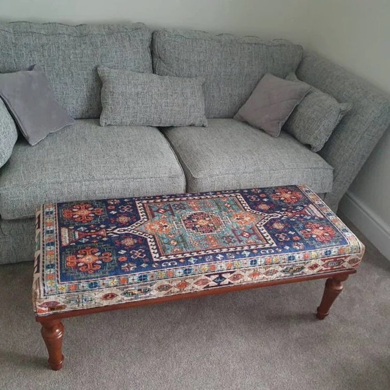 bedroom ottoman bench, wood bench, boho chair, dining table bench, ottoman bench seat, turkish rug bench, long ottoman bench, BENCH 160 image 3