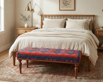 Banco tapizado, muebles hechos a mano, banco con reposapiés, banco con alfombra kilim, banco otomano, banco azteca, decoración rústica, reposapiés, banco 253