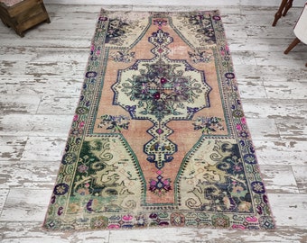 blush rug, handknotted rug, bedroom rug, pink turkish rug, living room rug, floor rug, vintage rug, decorative rug, 4.2 x 7.2 ft VT 3802