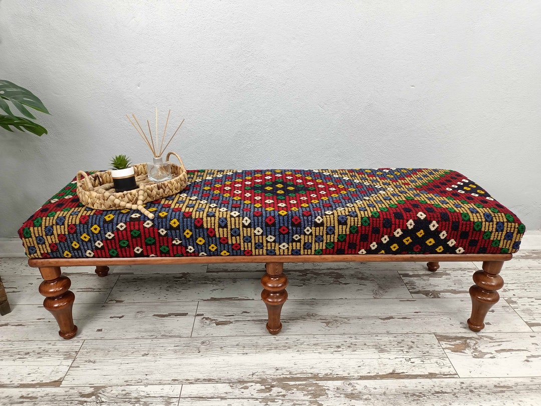 Kilim Ottoman Bench, Upholstered Bench, Dining Bench, Window Bench