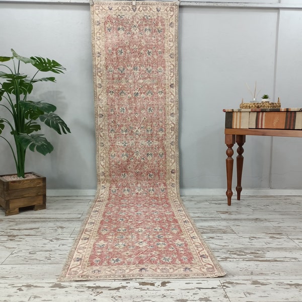 bohemian wool rug, handmade rug, coastal rug, turkish rug, oushak runner, stair rug, long rug, vintage rug, bath mat boho, 3x12.2 ft, VT5106