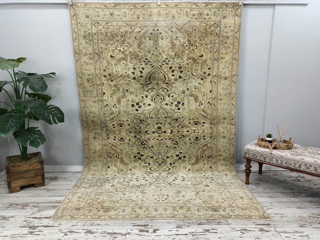 Handknotted Rug, Large Wool Rug, Oushak Beige Rug, Low Pile Rug ...