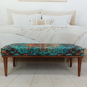 ottoman bench, upholstered rug bench, turkish rug bench, handmade furniture, piano bench, kitchen chair, entry bench, boho bench, Bench 156