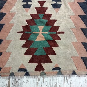K&ouml;nnte beinhalten: Ein gewebter Teppich mit geometrischem Muster. Das zentrale Design des Teppichs ist in Gr&uuml;n-, Braun- und Pfirsicht&ouml;nen gehalten, umgeben von cremefarbenen und rosa Zickzacklinien. Dunkelblaue Dreiecke s&auml;umen die R&auml;nder. Er liegt auf einer hellen Holzoberfl&auml;che.