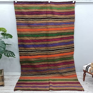 May include: A colorful striped rug with a brown background. The rug has stripes of red, orange, green, blue, and purple. The rug is hanging on a wall.