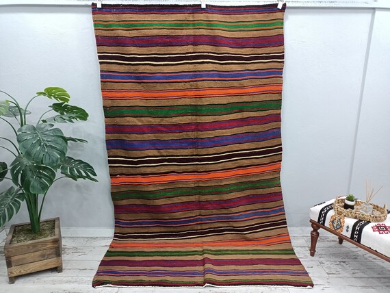 striped kilim, kilim area rug, vintage kilim rug, handwoven rug, turkish kilim, outdoor rug, floor rug, wool rug, 5.3 x 8.4 feet, VT 2057
