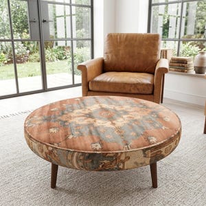 Terracotta Blue Oushak Round Coffee Table | Faded Antique Pouf Ottoman