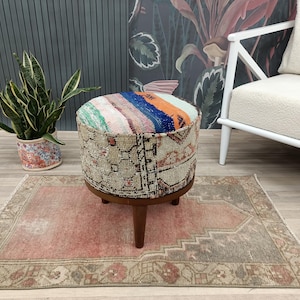 Kilim footstool, Short stool, Desk stool, Bathroom stool, Vintage rug stool, Wood work bench, Ottoman for bedroom, Tripod stool, FS 1055