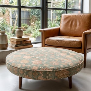 Green Floral Round Coffee Table | Modern Boho Ottoman Pouf