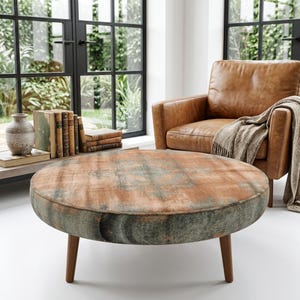Rust Teal Faded Medallion Round Coffee Table | Printed Floor Footstool