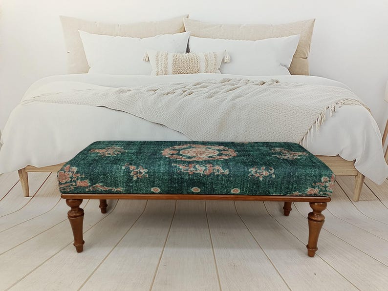 Floral Rug Bench, Upholstered Bench, Boho Piano Bench, Dressing Table Seat, Dining Chair, Kitchen Furniture, Wooden Shoe Bench, BENCH 885 image 5