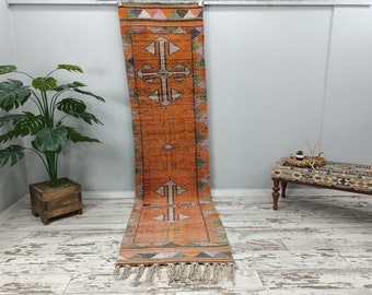 herki turkish rug, fringed runner rug, eclectic rug, vintage runner rug, stair runner, ethnic rug, turkish area rug, 2.7 x 10.6 ft, VT 3433