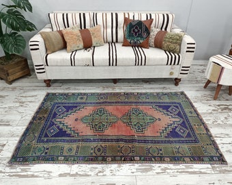 turkish rug, vintage rug, antique rug, pink oushak rug, eclectic rug, tribal rug, handmade rug, bedroom rug, wool rug, 3.7 x 6.2 ft, VT 2741