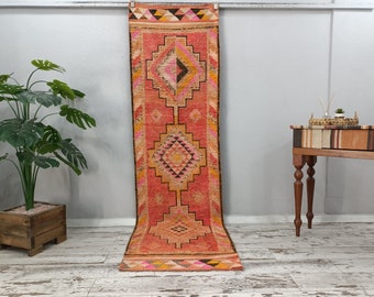 bohemian rug, rugs for hallway, nomadic rug, herki rug, turkish rug, lovely rug, oushak rug, vintage rug, corridor rug, 2.7 x 9.4 ft, VT5128