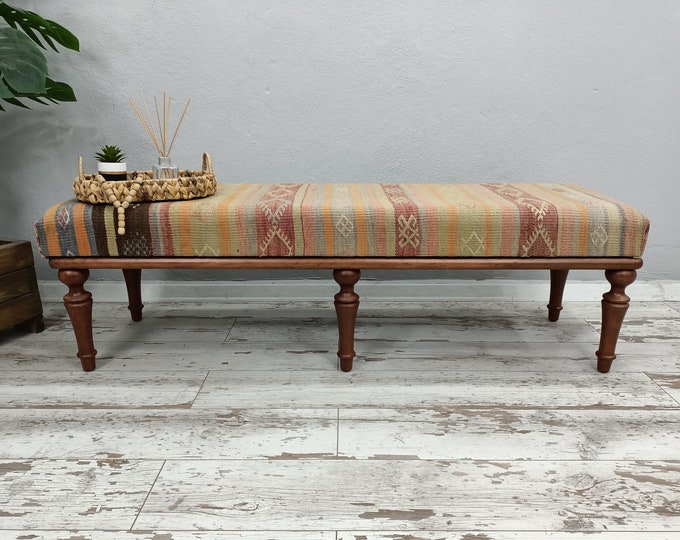 Long Seat Bench, Upholstered Bench, Storage Bench, Vintage Rug Bench