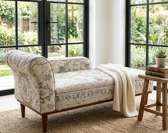 Chaise longue con almacenamiento, sillón reclinable, banco sofá, sofá de meditación, sofá de salón, banco con brazos, silla de tocador, muebles hechos a mano, SOFÁ 64