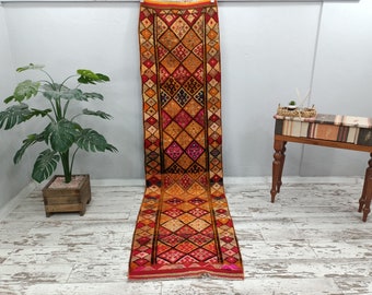 handmade rug, boho decor rug, orange herki rug, turkish vintage rug, soft pile rug, checkered rug, ikat rug, old rug, 2.7 x 11.1 ft VT 4590