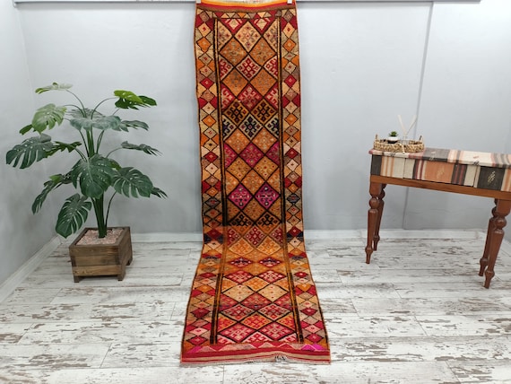 handmade rug, boho decor rug, orange herki rug, turkish vintage rug, soft pile rug, checkered rug, ikat rug, old rug, 2.7 x 11.1 ft VT 4590