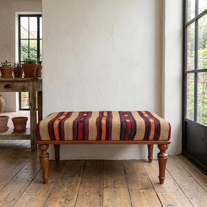 Colorful Striped Kilim Bench | Antique Rectangular Rustic Wood Seat 18x36'' VT 491