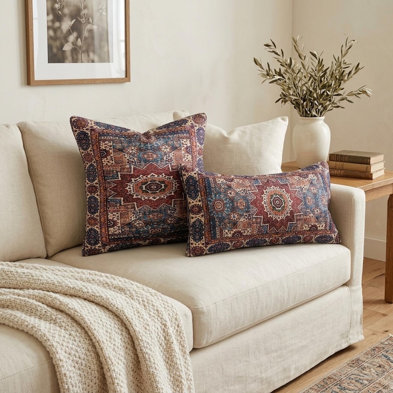 a cozy living room with a beige sofa adorned with two patterned throw pillows. A framed picture hangs on the wall above the sofa, and a vase of greenery sits on a side table. The room has a warm and inviting atmosphere, with a neutral color palette and a touch of pattern and texture from the throw pillows and the greenery.