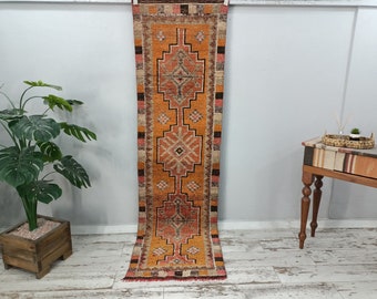 entryway runner, vintage rug, retro rug, handknotted rug, herki turkish rug, lodge rug, wool runner, rustic rug, 2.5 x 8.6 ft VT 5127