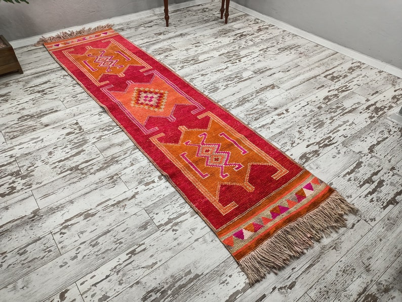 pink oushak rug, rug with fringes, pastel decor rug, eco friendly rug, soft pile rug, turkish vintage rug, soft runner, 3 x 11.5 ft, VT 4597 image 3