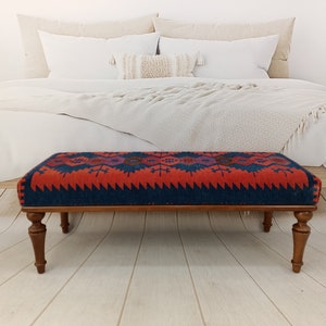 Footstool Ottoman, Kilim Rug Bench, Turkish Rug Bench, Long Seat, Bedroom Seat, Piano Bench, Handmade Furniture, Boho Decor 18x18x48''