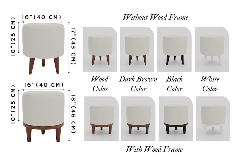 various ottomans with different wood frame styles, including a white ottoman without a wood frame, a dark brown ottoman, a black ottoman, and a white ottoman with a wood frame. The ottomans are arranged in a grid format, with each ottoman having a corresponding wood frame style and size.