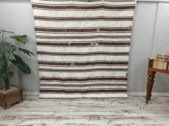 vintage oushak rug, striped kilim rug, designer rug, rustic rug, handmade turkish rug, cottage rugs, hemp area rug, 3.6x6.4 ft, VT 5177