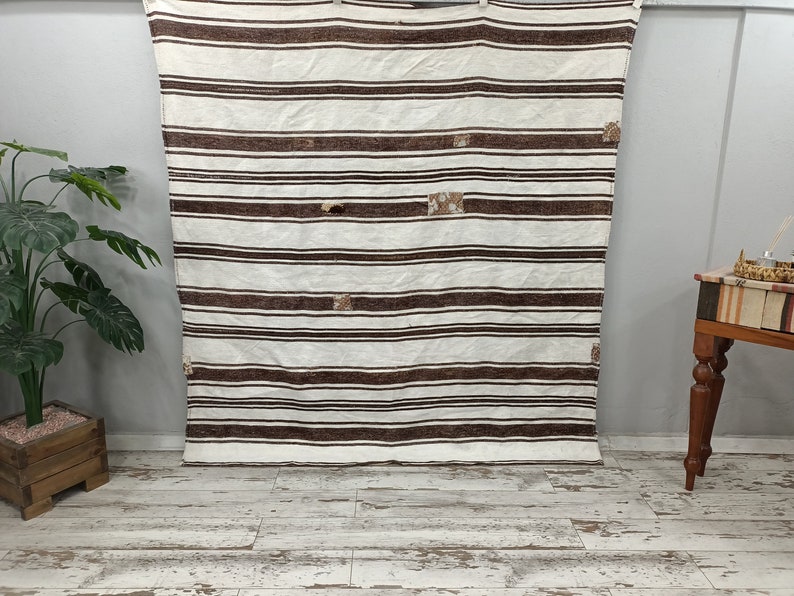 vintage oushak rug, striped kilim rug, designer rug, rustic rug, handmade turkish rug, cottage rugs, hemp area rug, 3.6x6.4 ft,