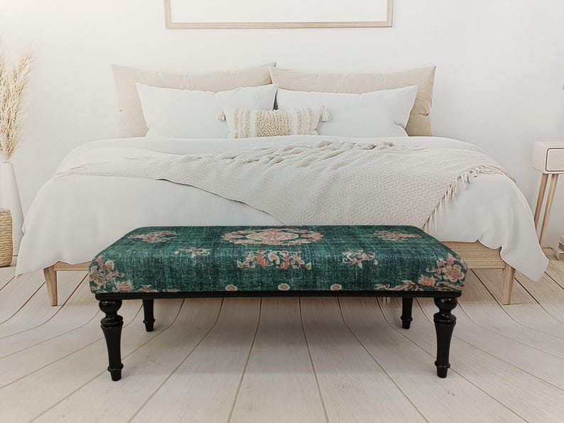 Floral Rug Bench, Upholstered Bench, Boho Piano Bench, Dressing Table Seat, Dining Chair, Kitchen Furniture, Wooden Shoe Bench, BENCH 885 image 9