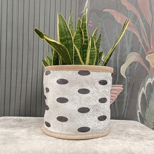 May include: A cylindrical planter with a light gray background and dark brown polka dots. The top and bottom edges are trimmed with a tan fabric. The planter holds a snake plant with green and yellow striped leaves.