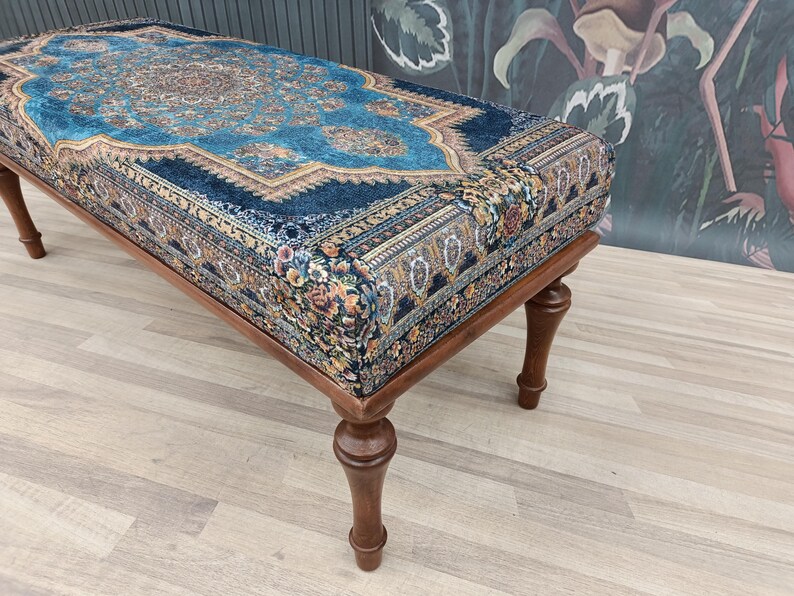 bedroom ottoman bench, wood bench, boho chair, dining table bench, footstool bench, turkish rug bench, upholstered bench, Bench 867