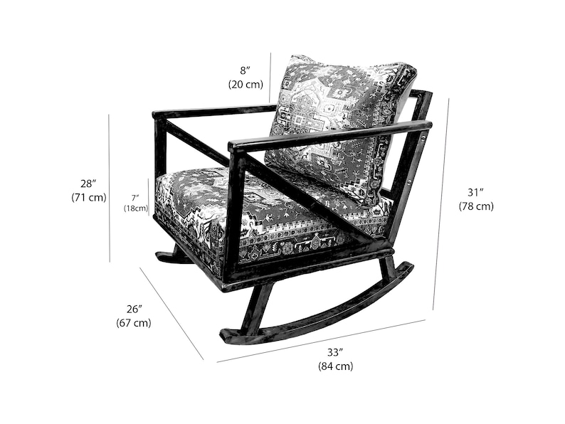 May include: Black wooden rocking chair with a patterned cushion. The chair is 33 inches wide, 31 inches tall, and 28 inches deep.