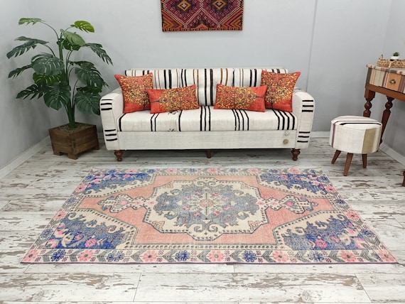 antique rug, oriental oushak rug, pink carpet rug, vintage rug, turkish rug, bohemian rug, lounge rug, hippie rug, 4.3 x 7.4 ft, VT 3533