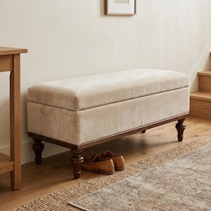Cream Velvet Shoe Storage Bench | Hidden Entryway Seat | Organic Modern Ottoman