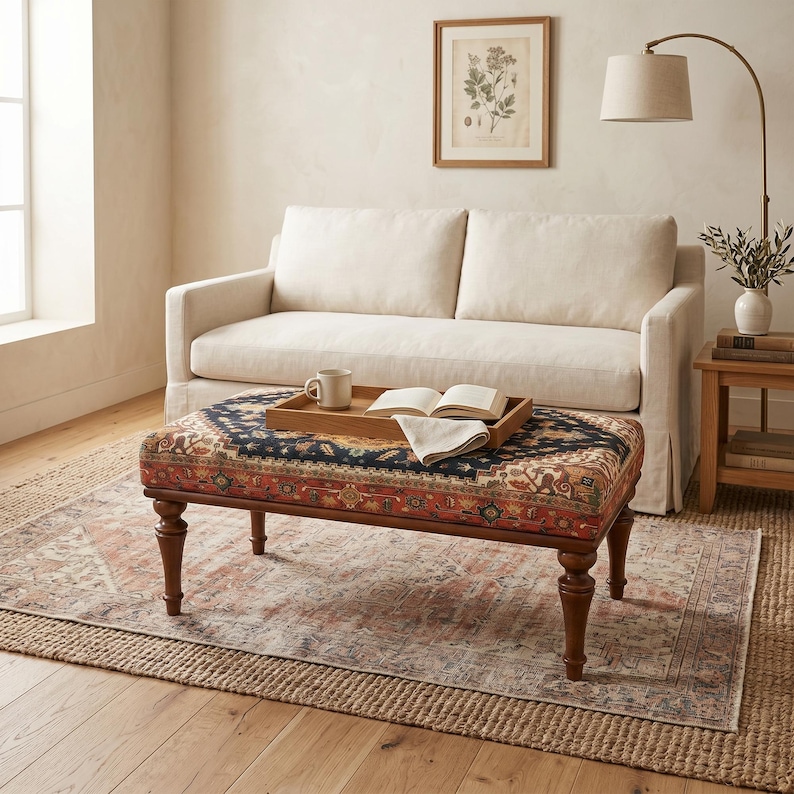 a cozy living room with a white sofa, a wooden coffee table with a tray and a book, and a lamp on a side table. The room has a wooden floor and a patterned area rug, creating a warm and inviting atmosphere.