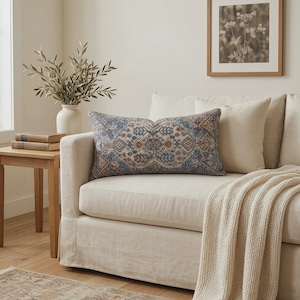 Geometric Pillow Cover | Boho Kilim Style Cushion | Blue Turkish Accent